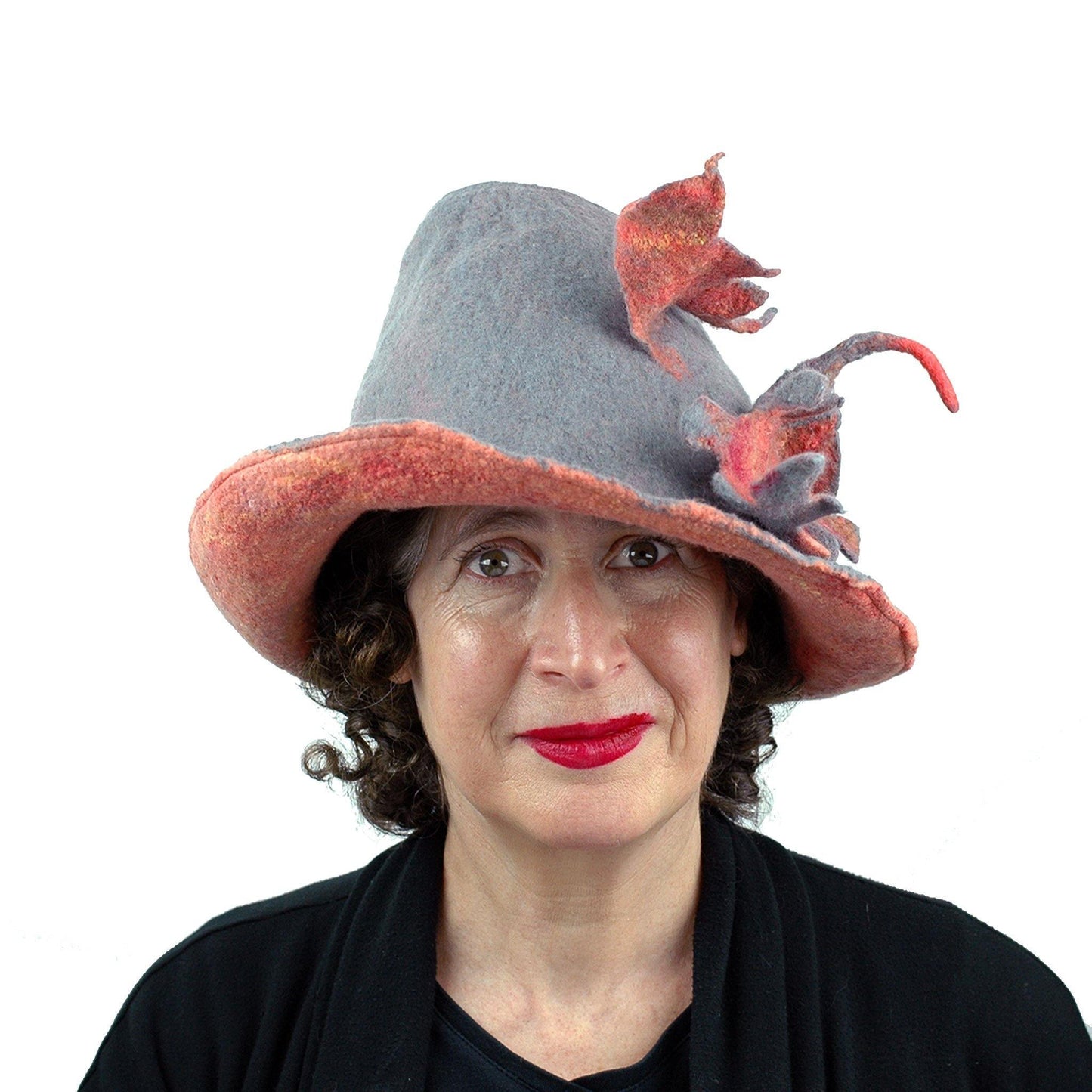 Gray and Orange Leafy Felted Fedora Hat - frontview