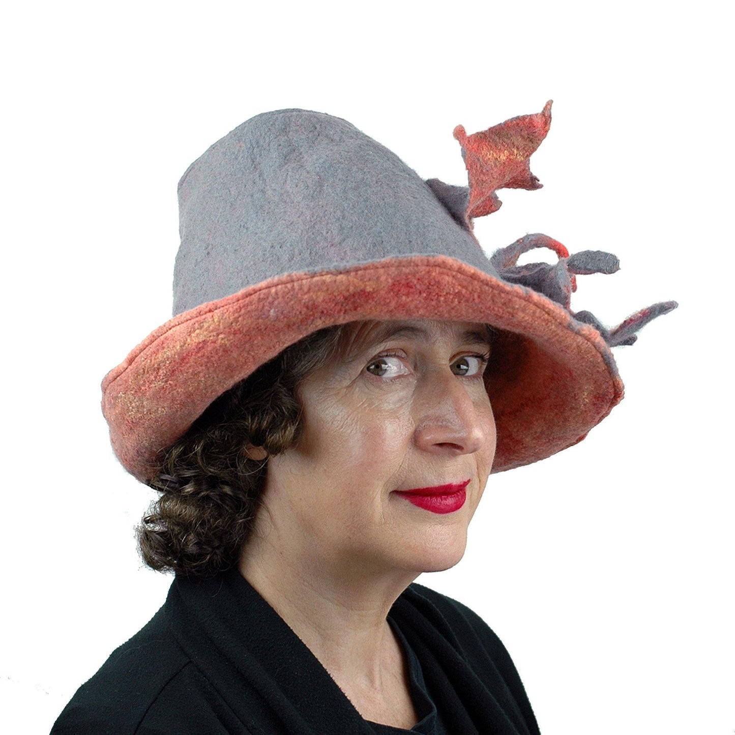 Gray and Orange Leafy Felted Fedora Hat - threequartersview