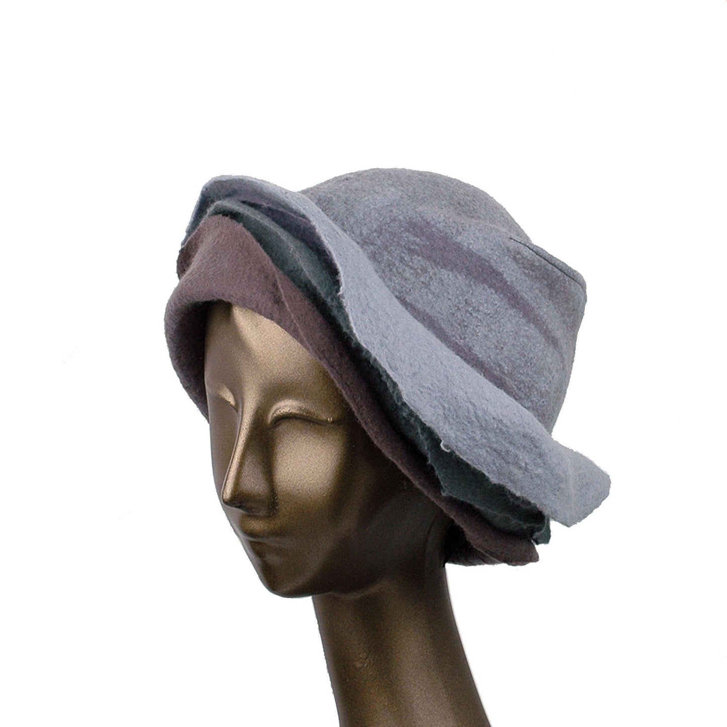 Gray Felted Cloche with Seashell Layered Brim - three quarters view