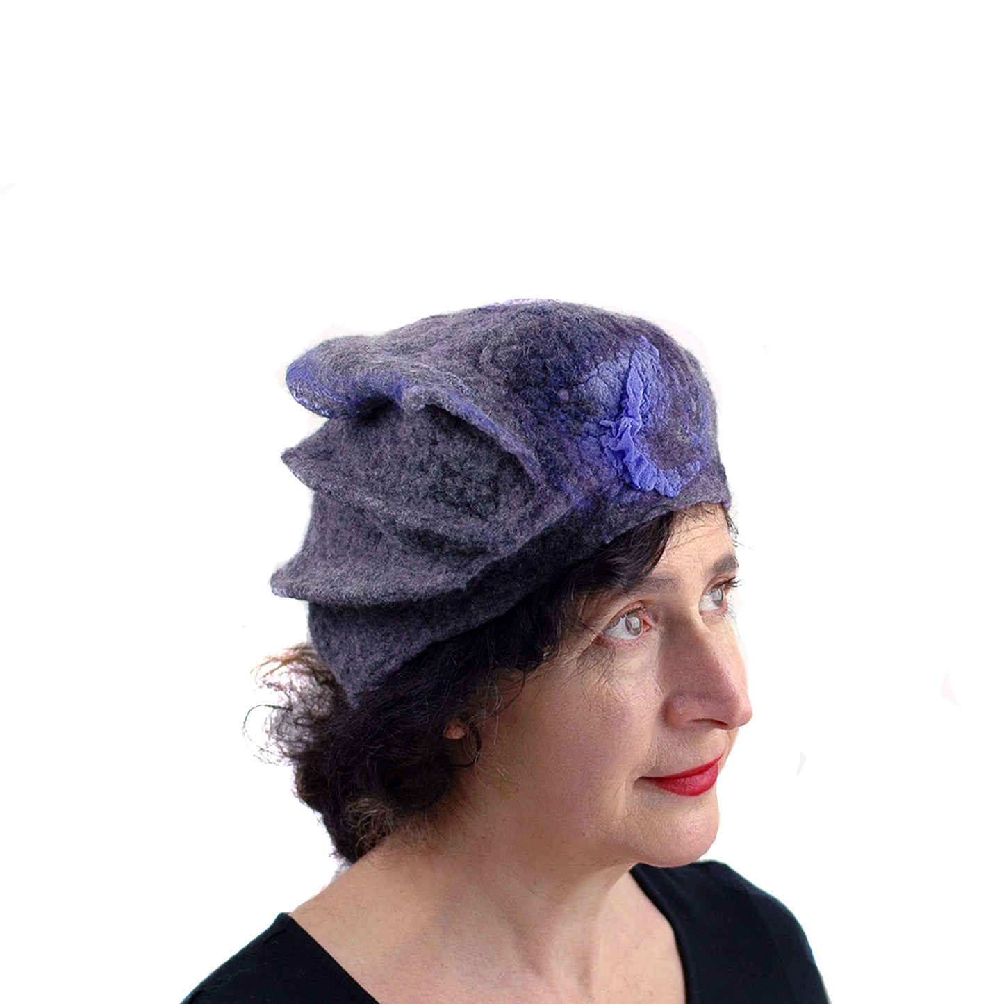 Gray Gotland Wool Beret with Purple Ruffle - three quarters view