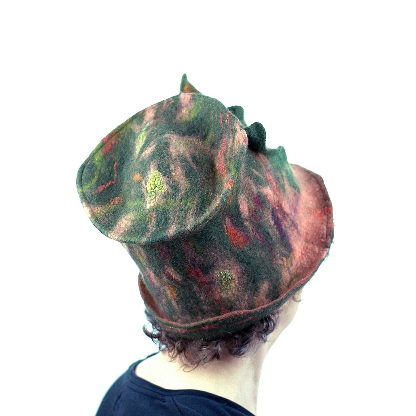 Green and Orange Felted Top Hat with Vertical Ruffles - back view