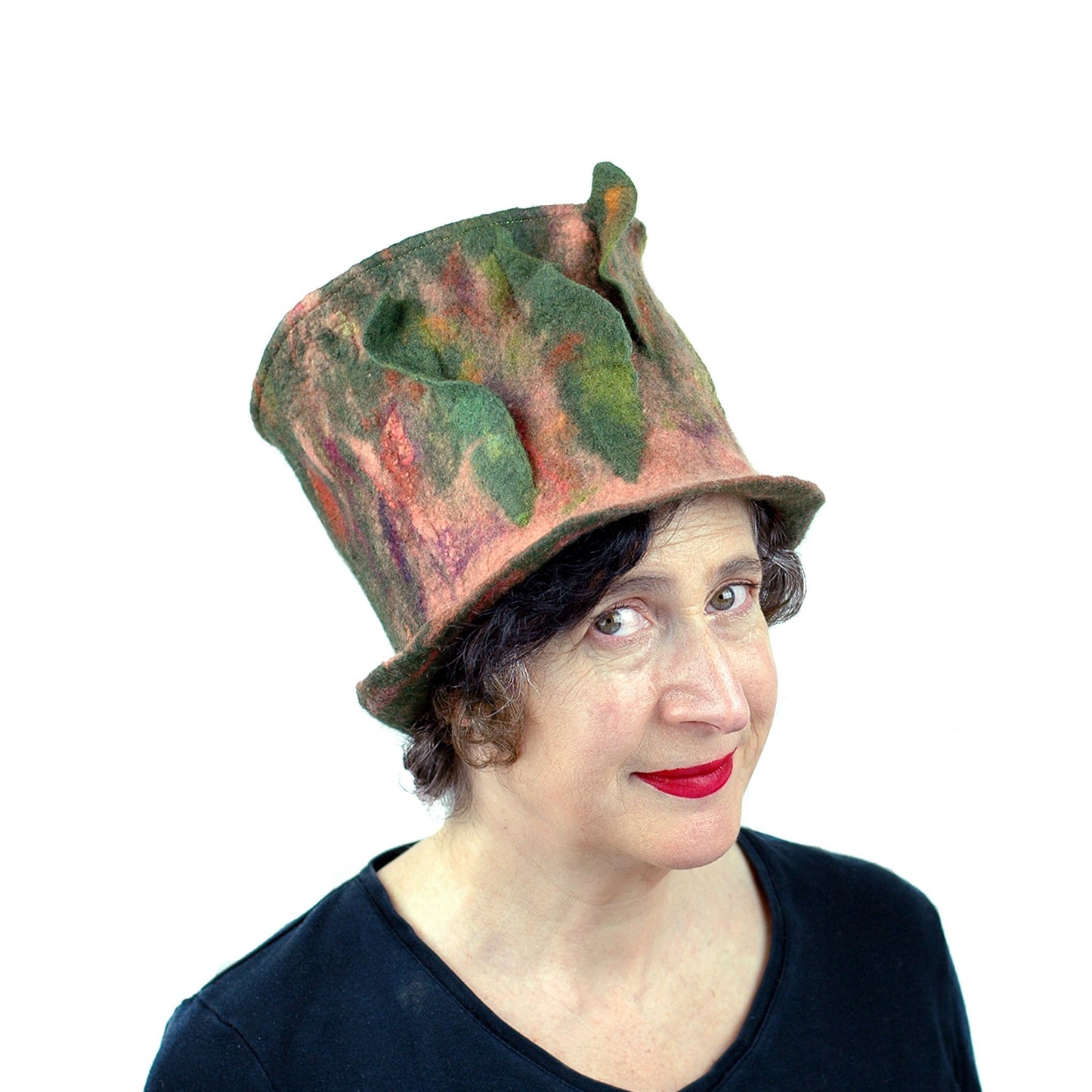 Green and Orange Felted Top Hat with Vertical Ruffles - three quarters view
