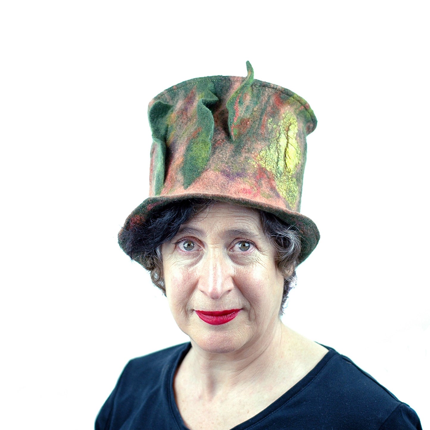 Green and Orange Felted Top Hat with Vertical Ruffles - front view