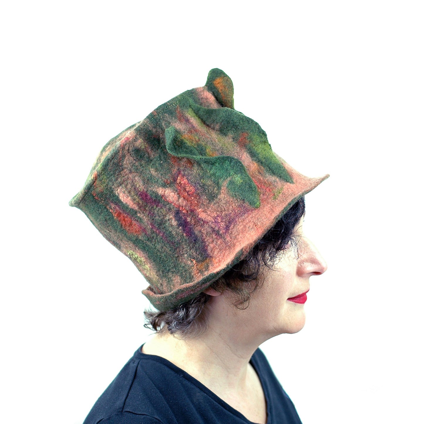 Green and Orange Felted Top Hat with Vertical Ruffles - side view