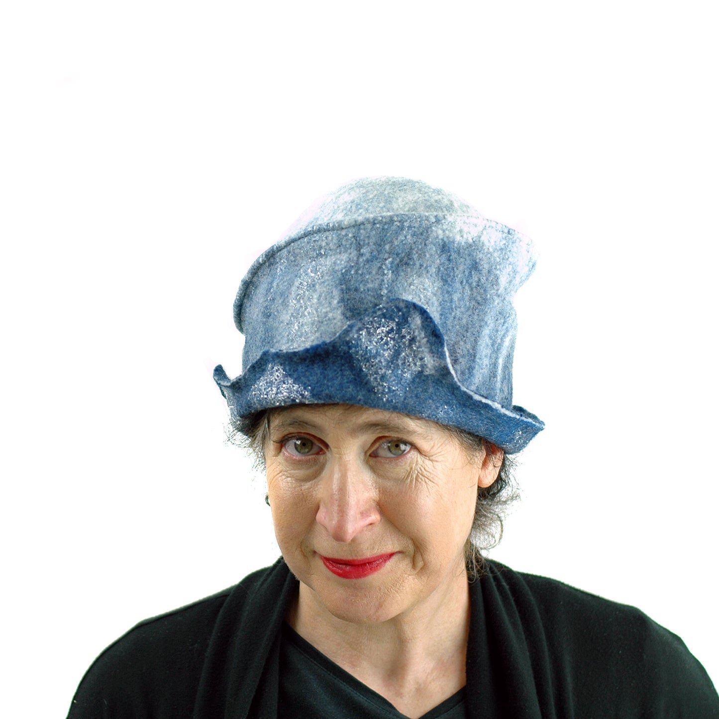 ndigo and White Felted Cloche Hat made with Superfine Merino Wool and Silver Lace - front view