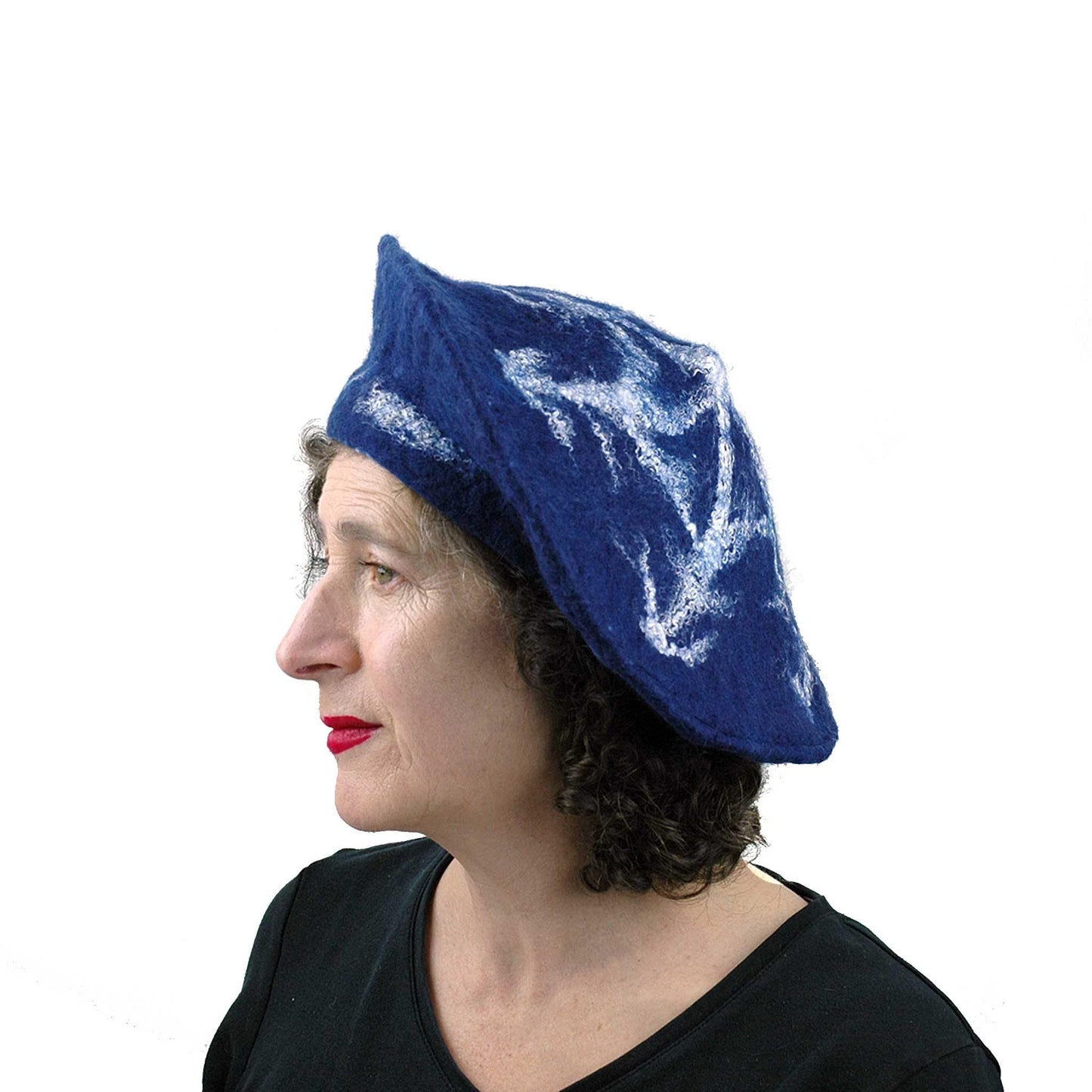Indigo Snowflake Felted Beret - side view
