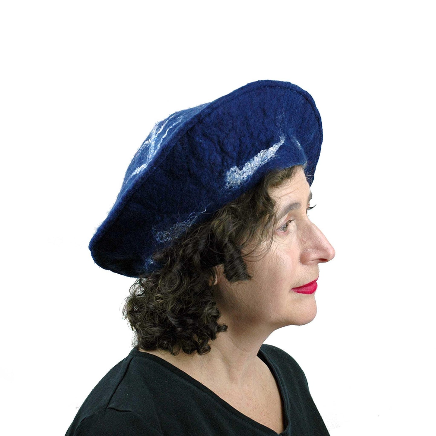 Indigo Snowflake Felted Beret - side view