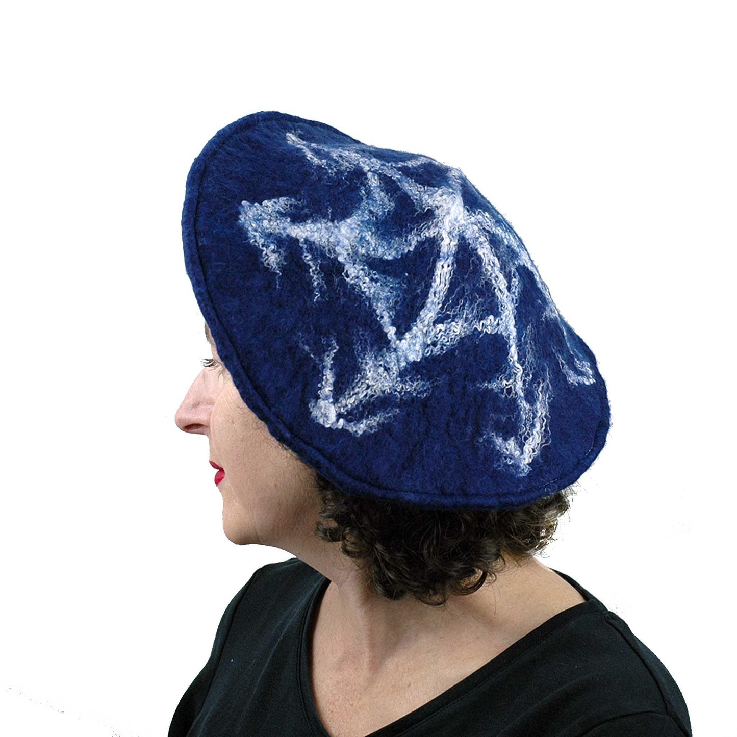 Indigo Snowflake Felted Beret - side view