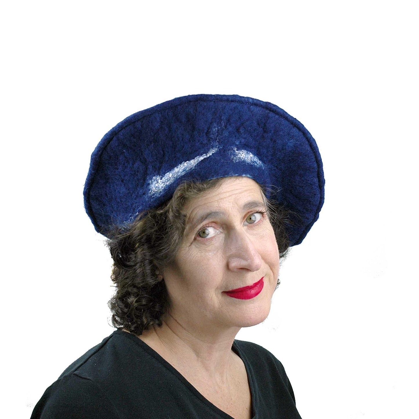 Indigo Snowflake Felted Beret - three quarters view