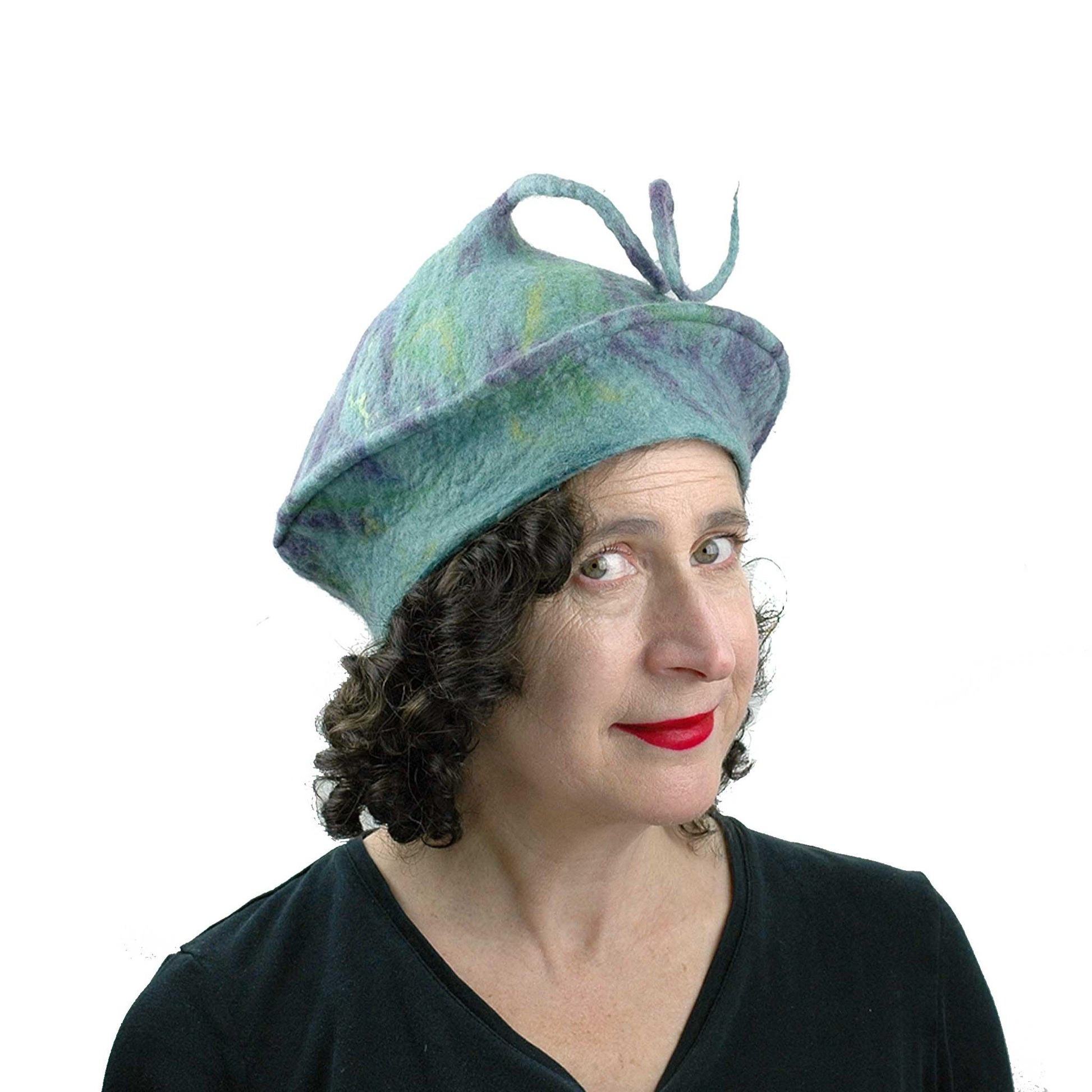 Lavender Green Curlicue Beret - three quarters view