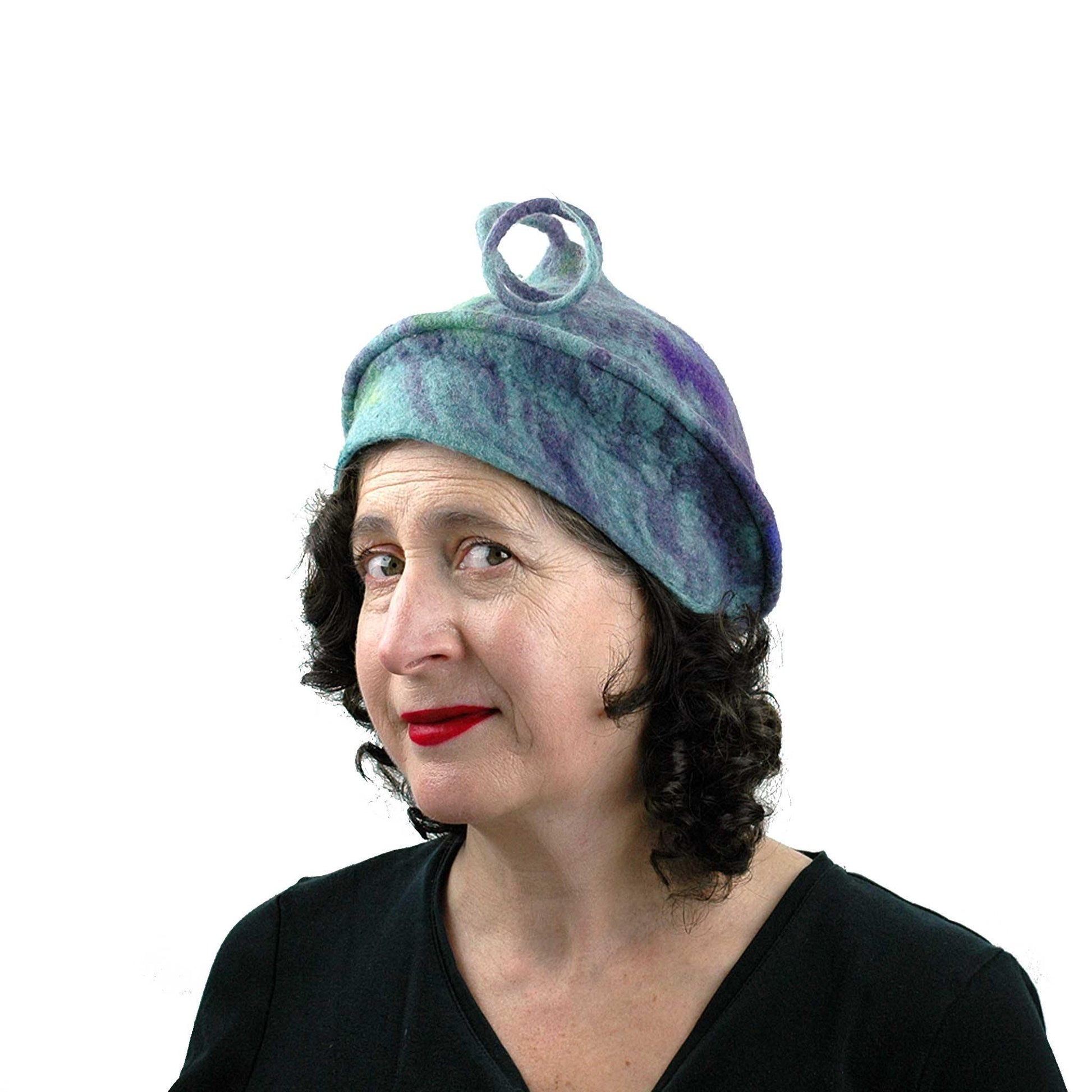 Lavender Green Curlicue Beret - three quarters view