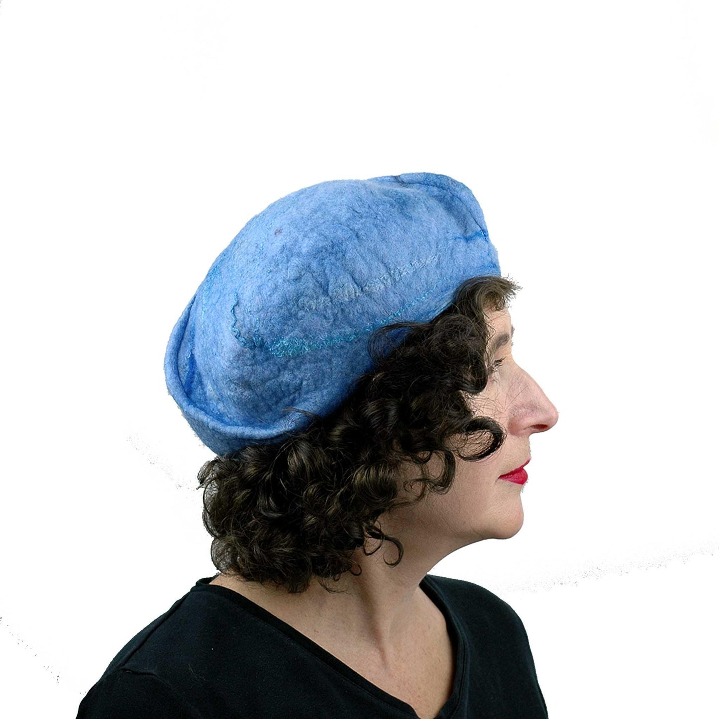 Light Blue Curlicue Beret - side view