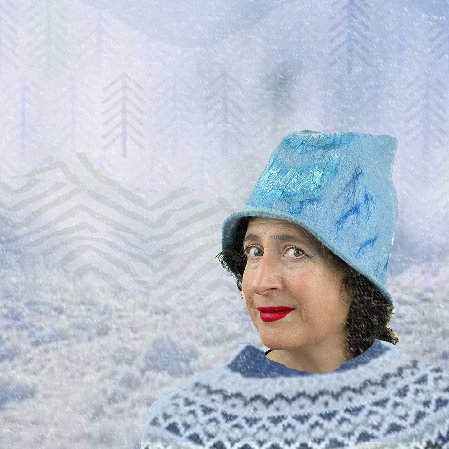 Light Blue Felted Bucket Hat with Chevron Pattern- set in a digital collage