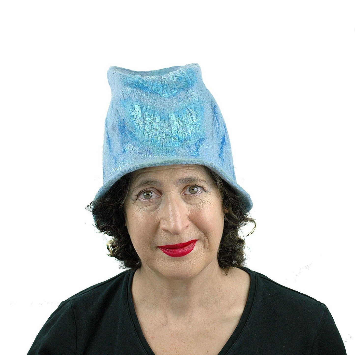 Light Blue Felted Bucket Hat with Chevron Pattern - front view