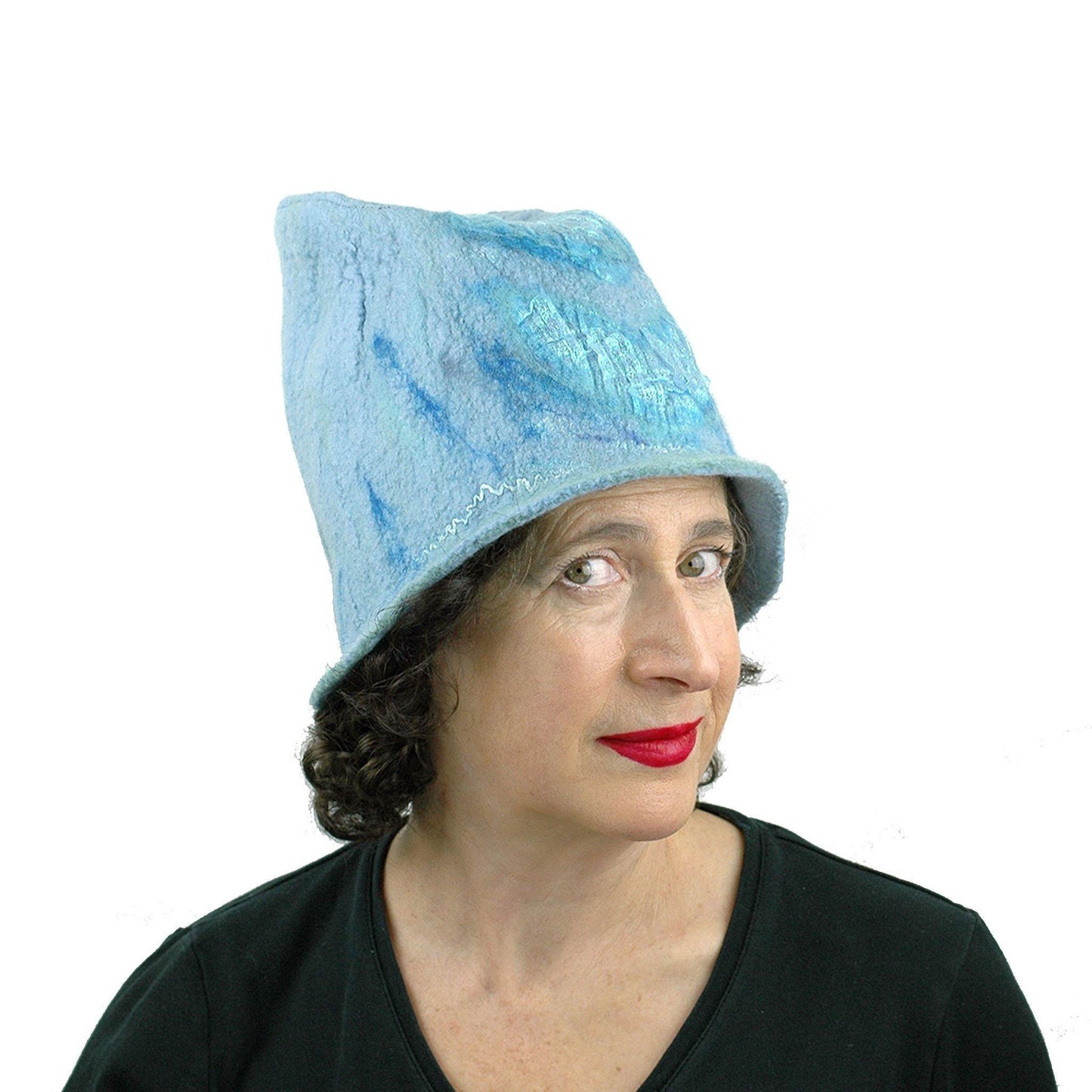 Light Blue Felted Bucket Hat with Chevron Pattern - threequarters view