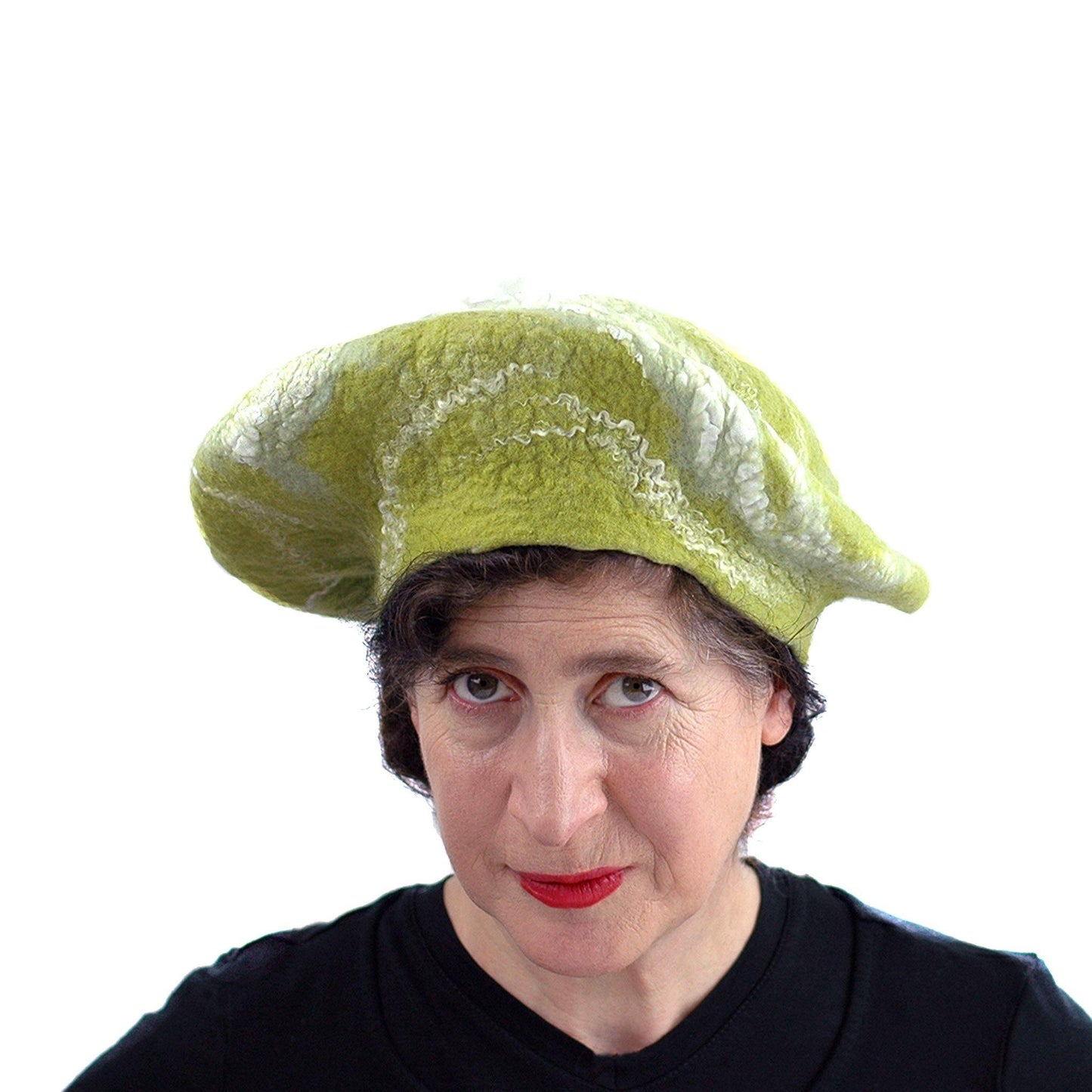 White and Lime Green Beret -front view