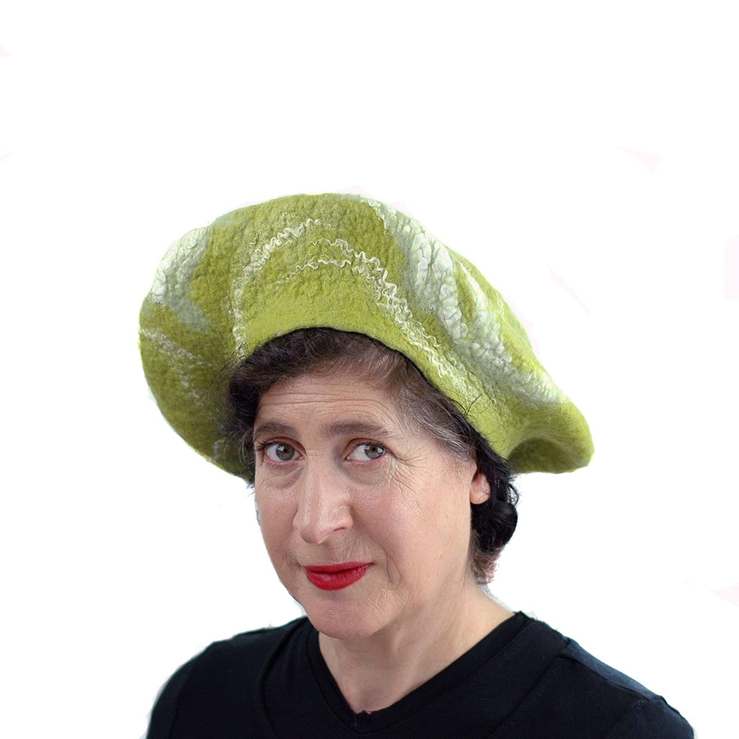 White and Lime Green Beret -three quarters view 2