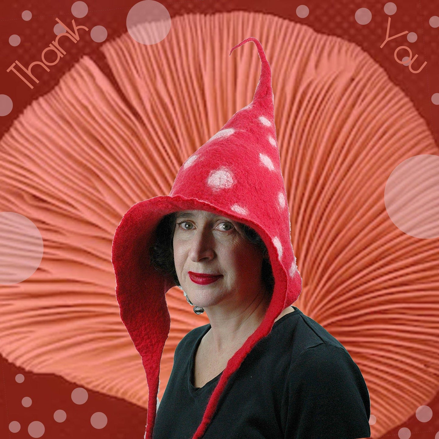 Red Felted Hood with Polka Dots aginst mushroom gills.