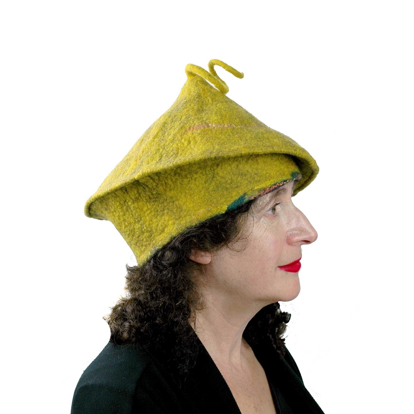 Mustard Yellow Felted Beret with Curlicue - side view