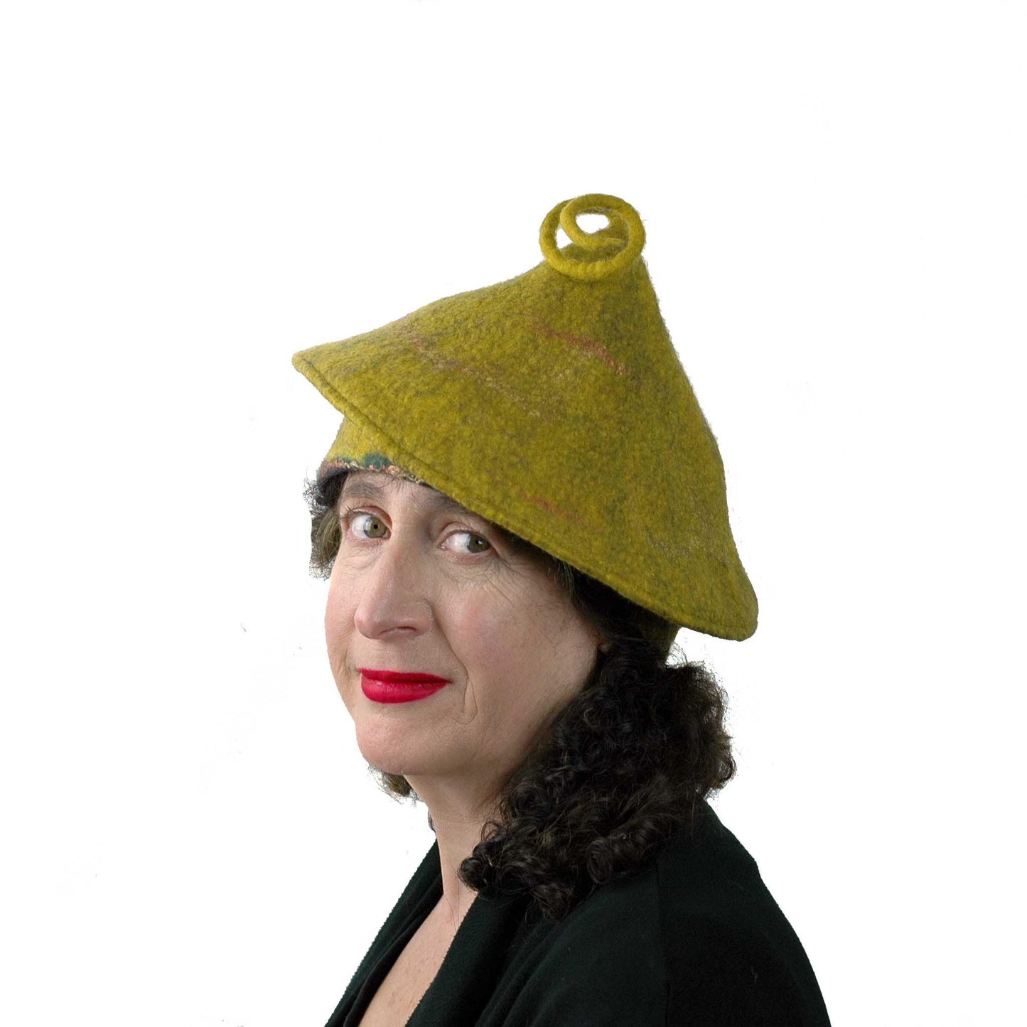 Mustard Yellow Felted Beret with Curlicue threequarters view