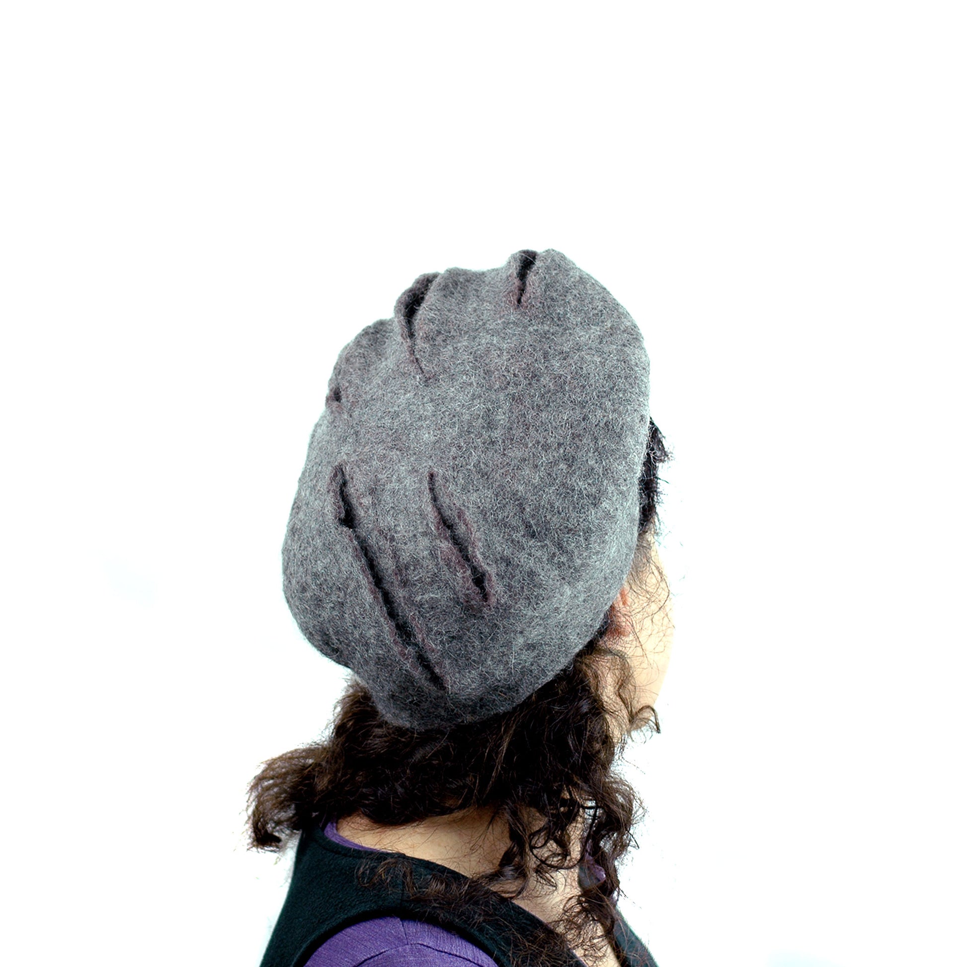 Gray Gotland Wool Felted Beret with Slashes -back view
