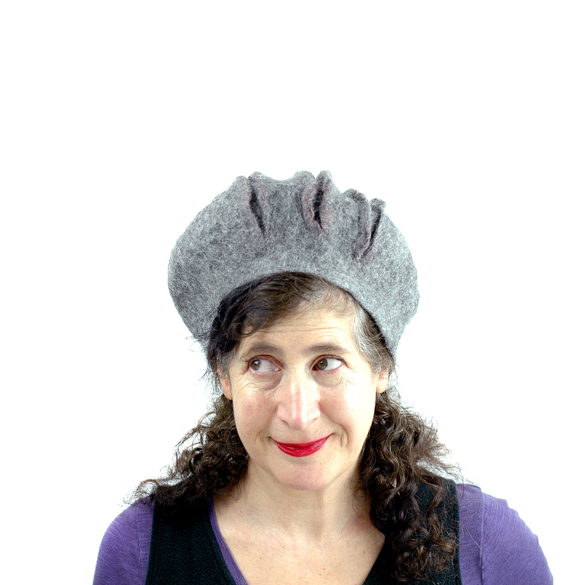 Gray Gotland Wool Felted Beret with Slashes - front view
