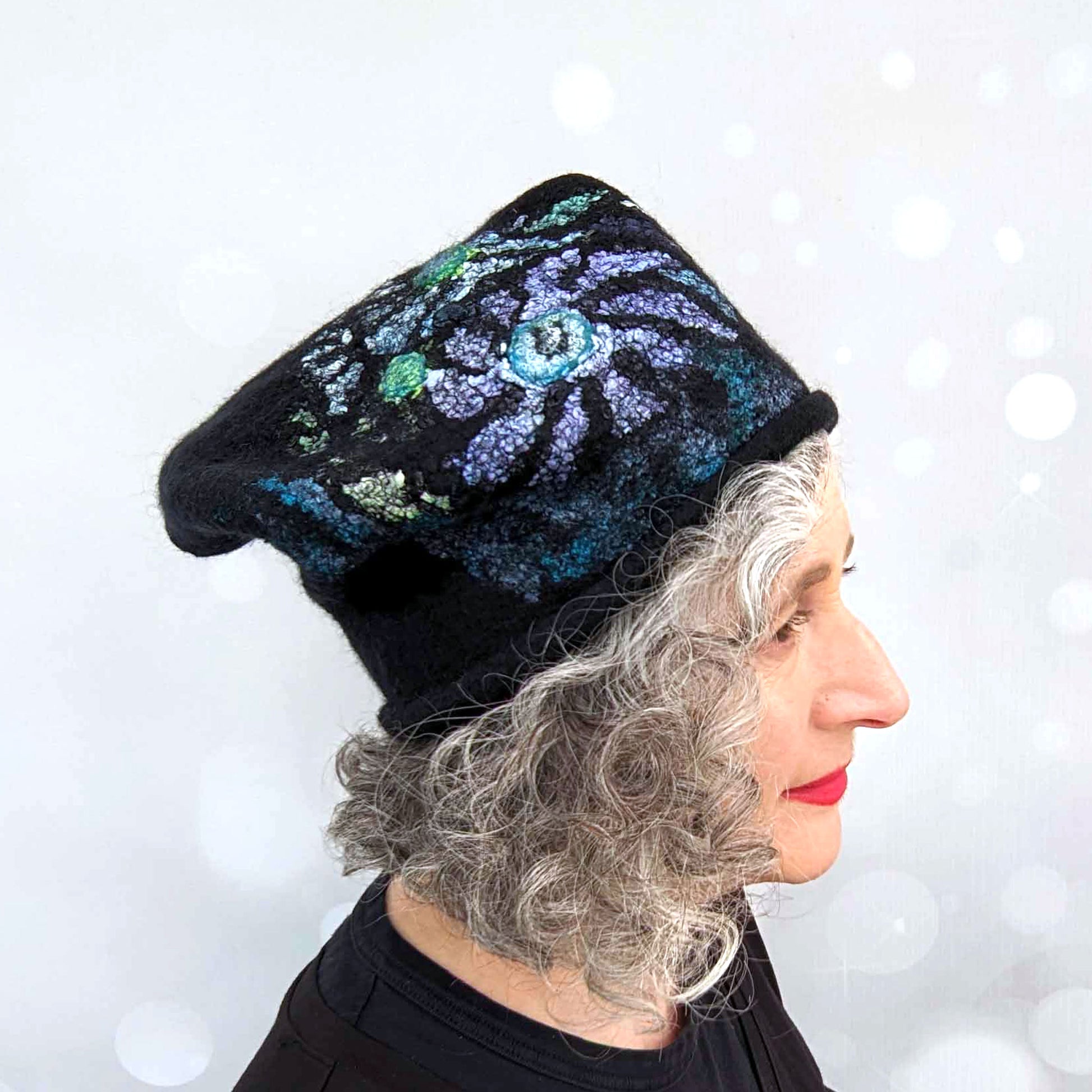 Nunofelted Beanie Cap in Black Merino Wool -sideview