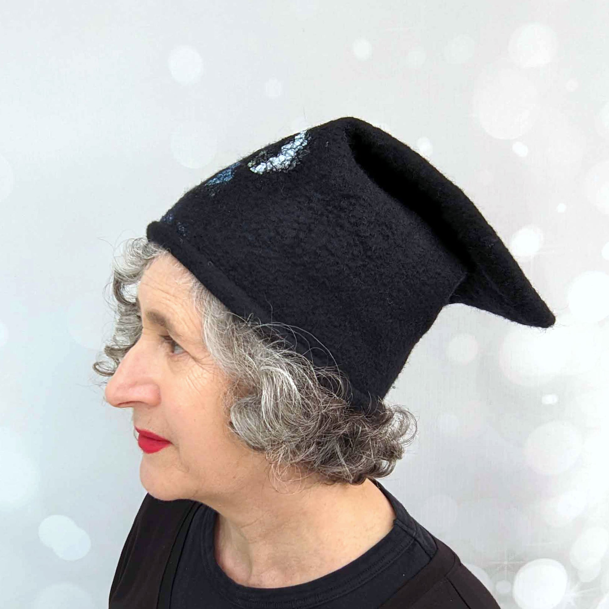 Nunofelted Beanie Cap in Black Merino Wool -sideview