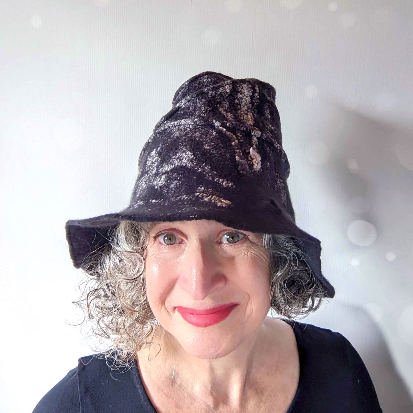 Nunofelted Black Hat with Brim and Organic Shaped Tip - frontview