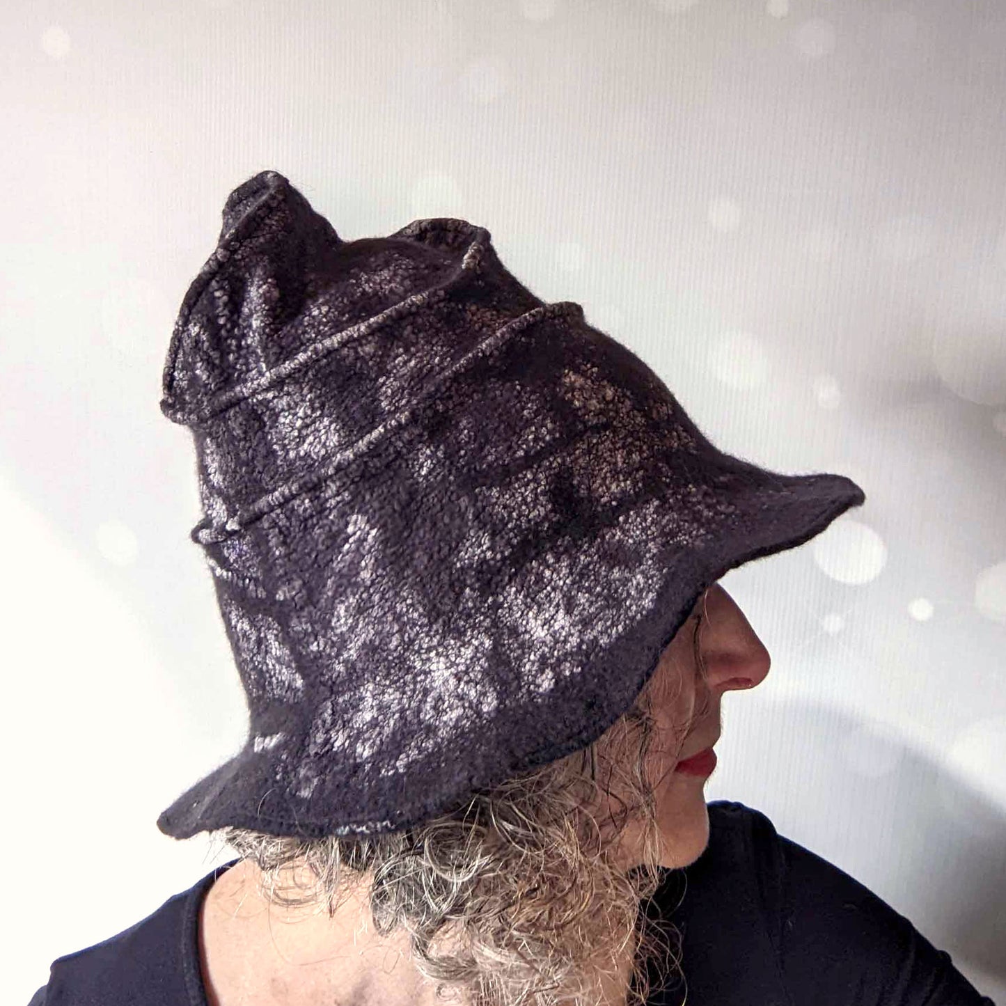 Nunofelted Black Hat with Brim and Organic Shaped Tip - sideview