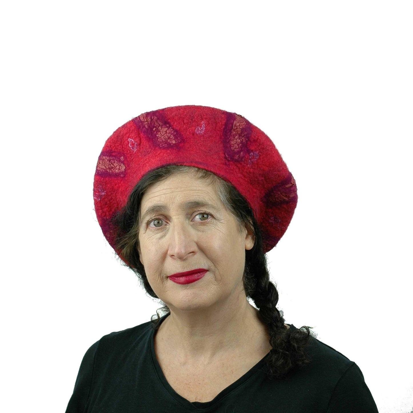 Nunofelted Raspberry Beret with Corkscrew - front view