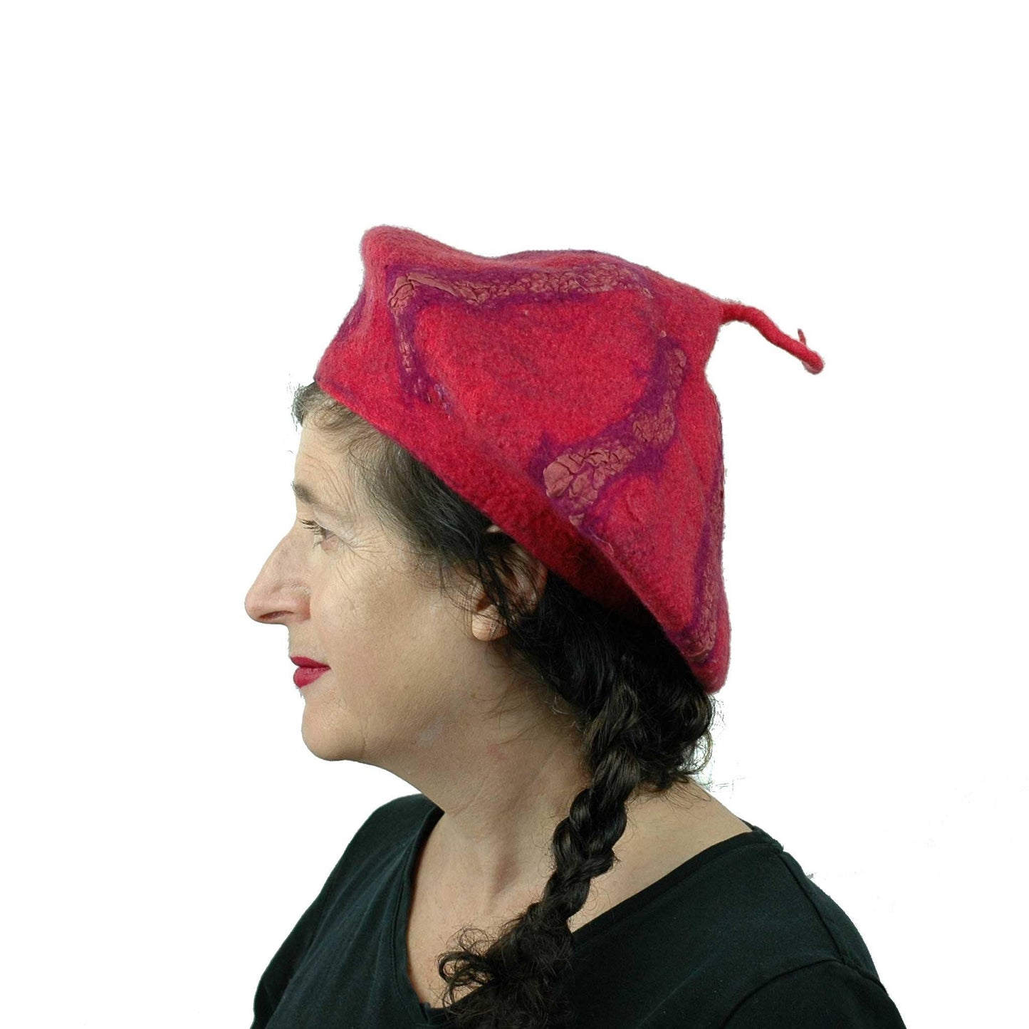 Nunofelted Raspberry Beret with Corkscrew - side view