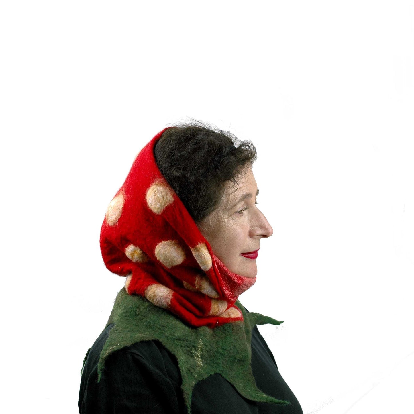 Nunofelted Strawberry Neck Warmer Headscarf worn Babushka style