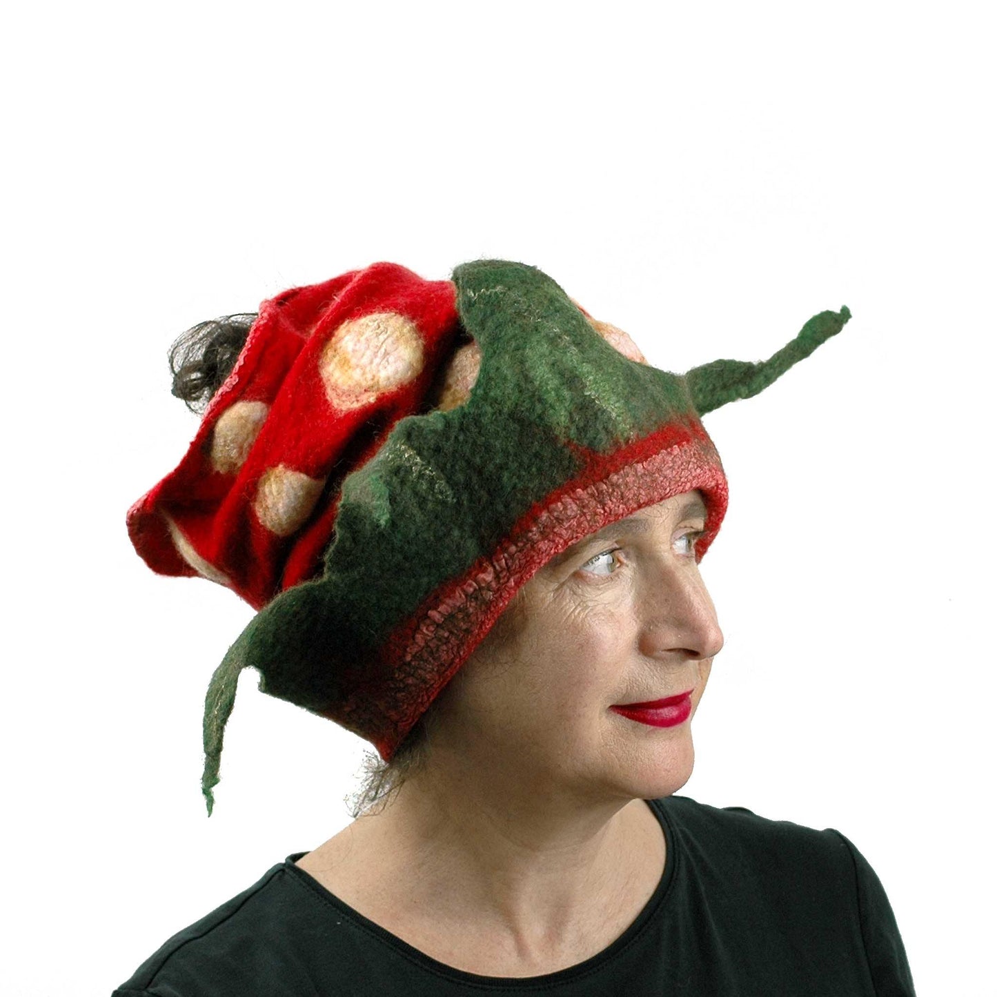 Nunofelted Strawberry Neck Warmer Headscarf worn with leaves folded back on head.