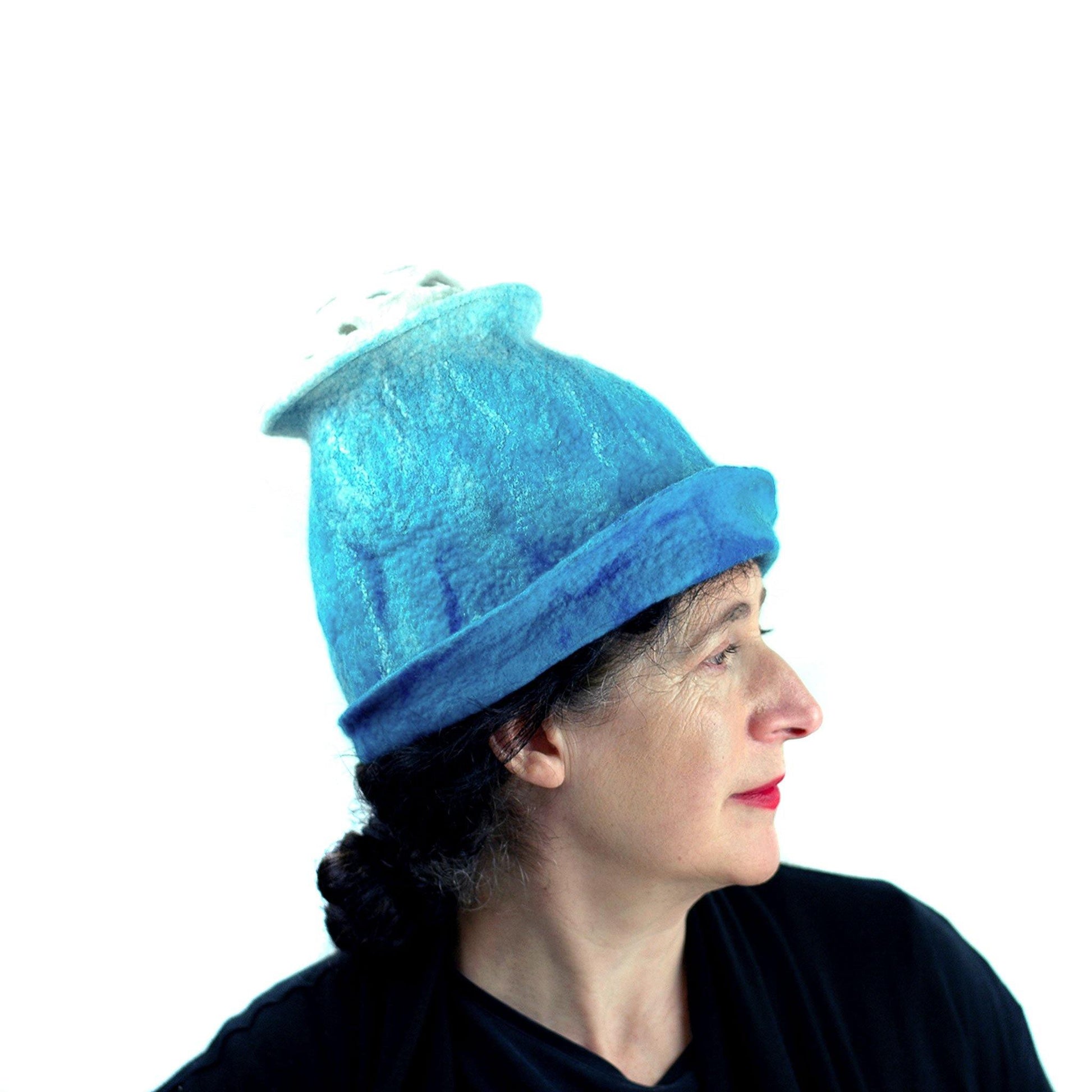 Ombre Turquoise and White Hat with 'Pom Pom' - right side view