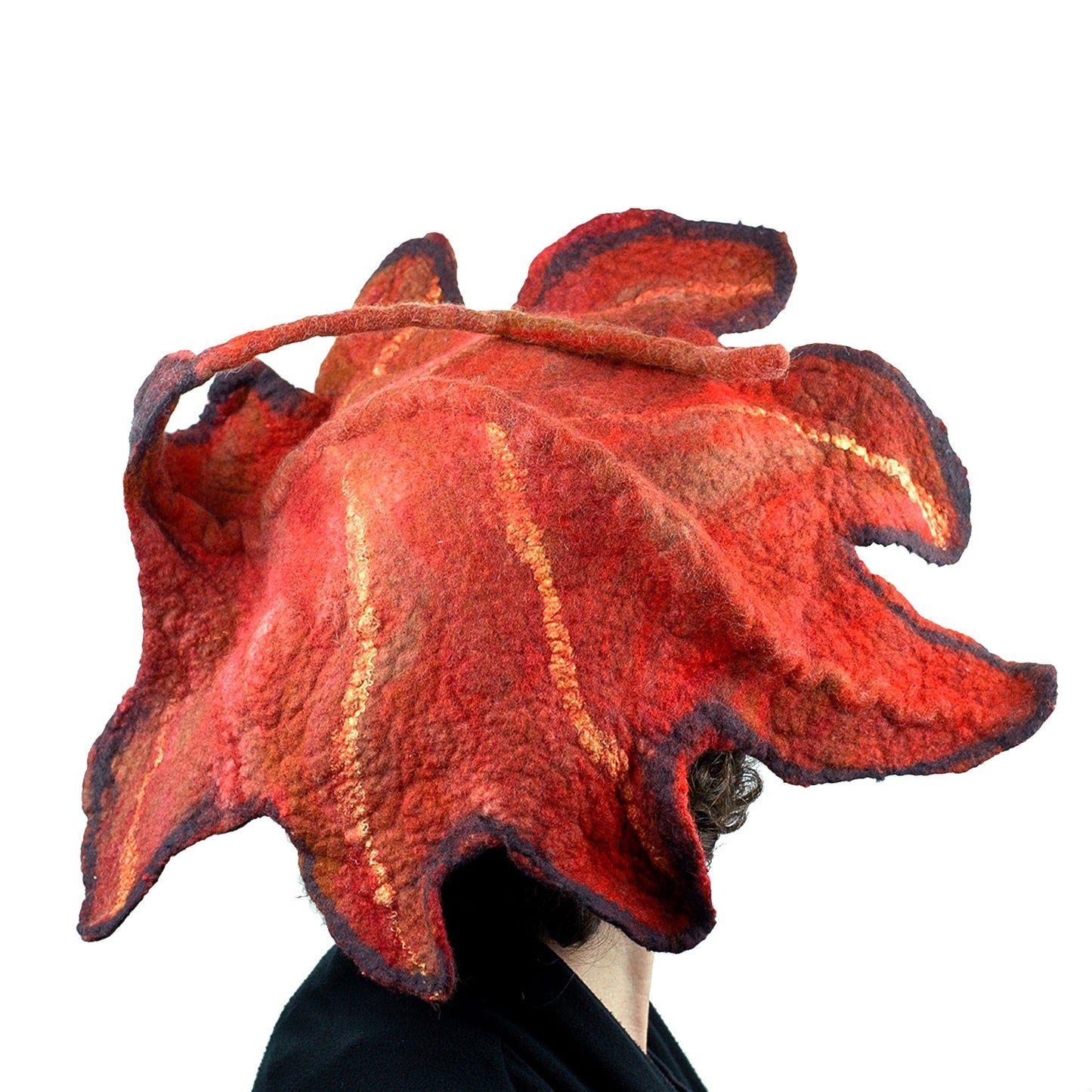 Orange and Black Oakleaf Felted Hat - back view
