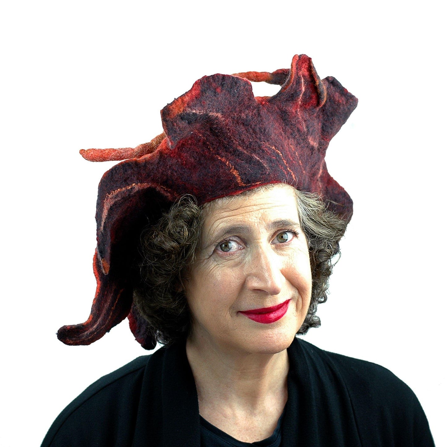 Orange and Black Oakleaf Felted Hat - front view