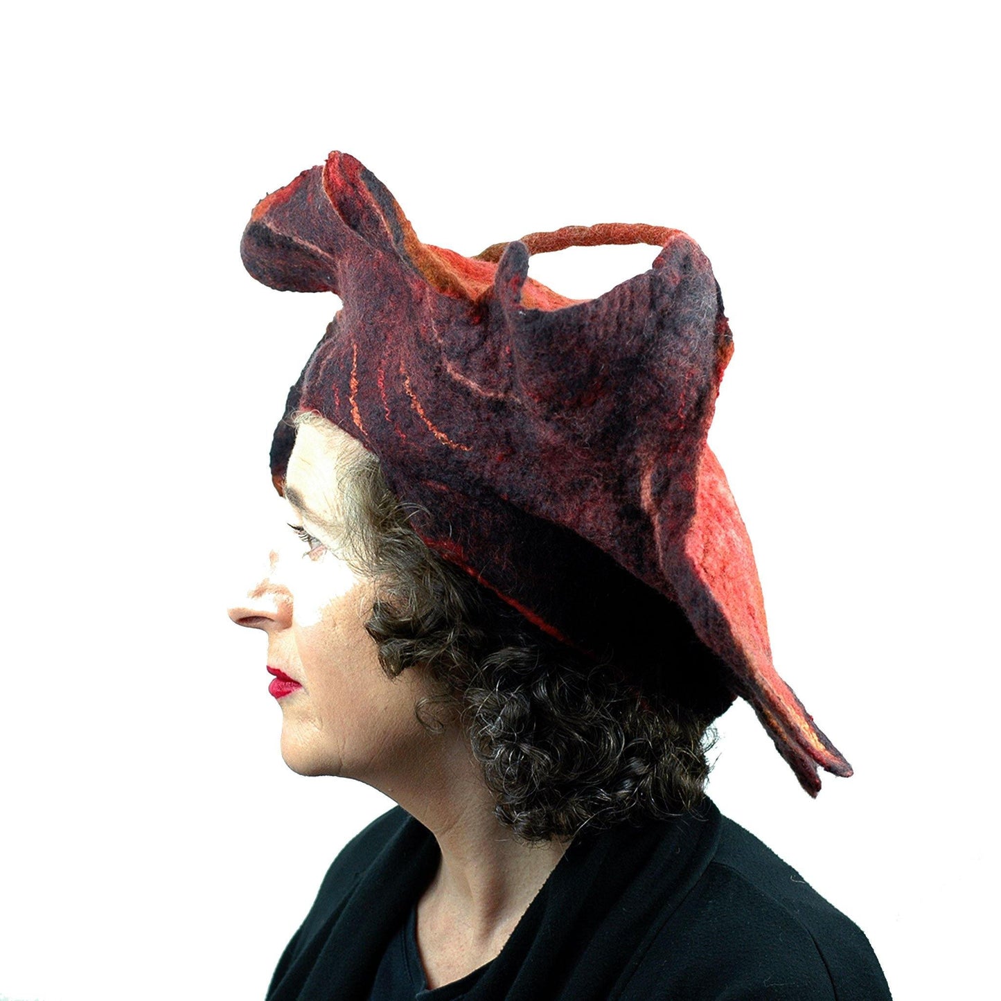 Orange and Black Oakleaf Felted Hat - side view