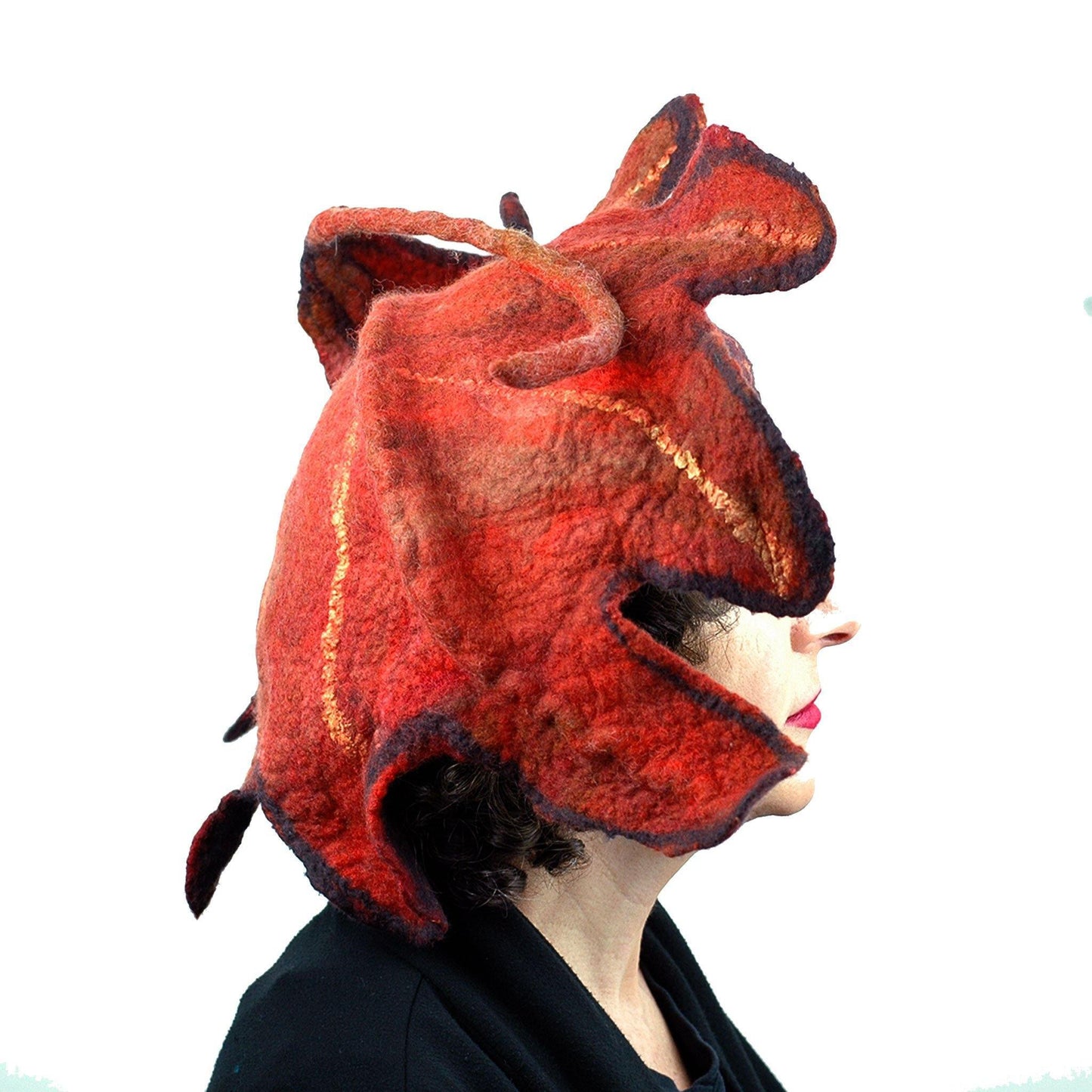 Orange and Black Oakleaf Felted Hat - side view