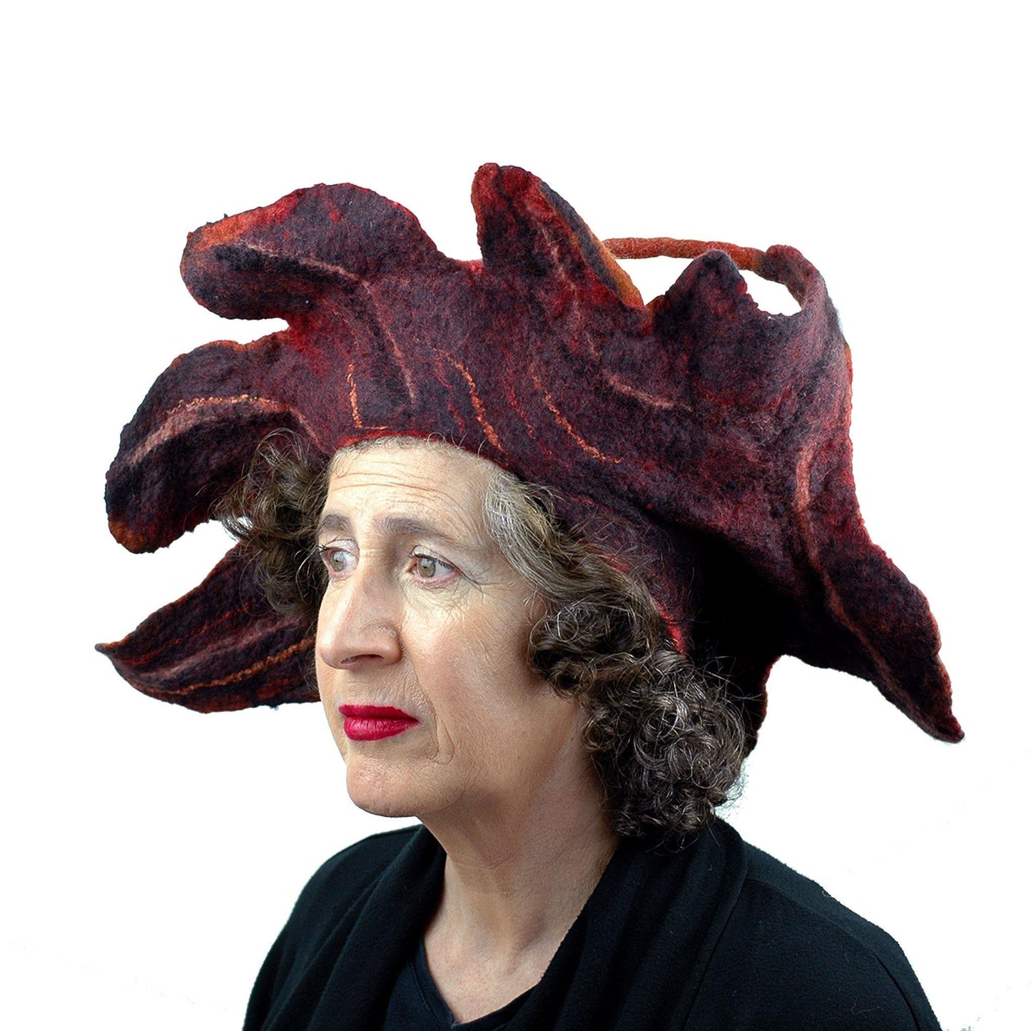 Orange and Black Oakleaf Felted Hat - three quarters view