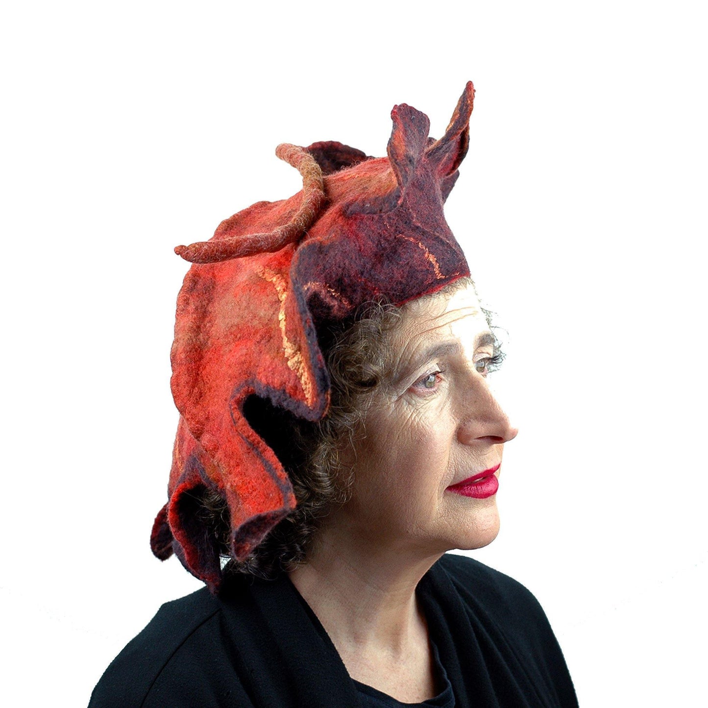 Orange and Black Oakleaf Felted Hat - three quarters view