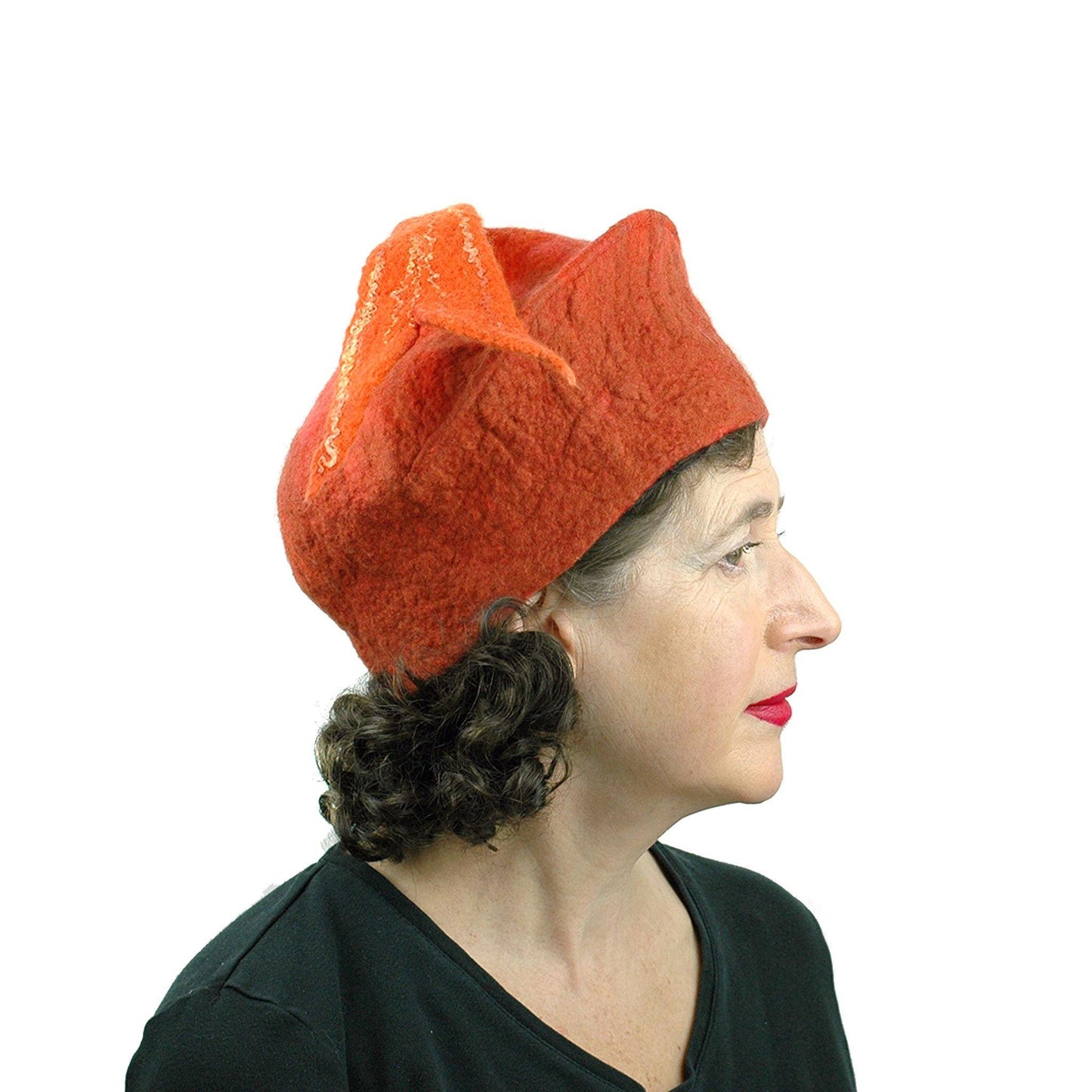Orange Fishtail Felted Beret - side view