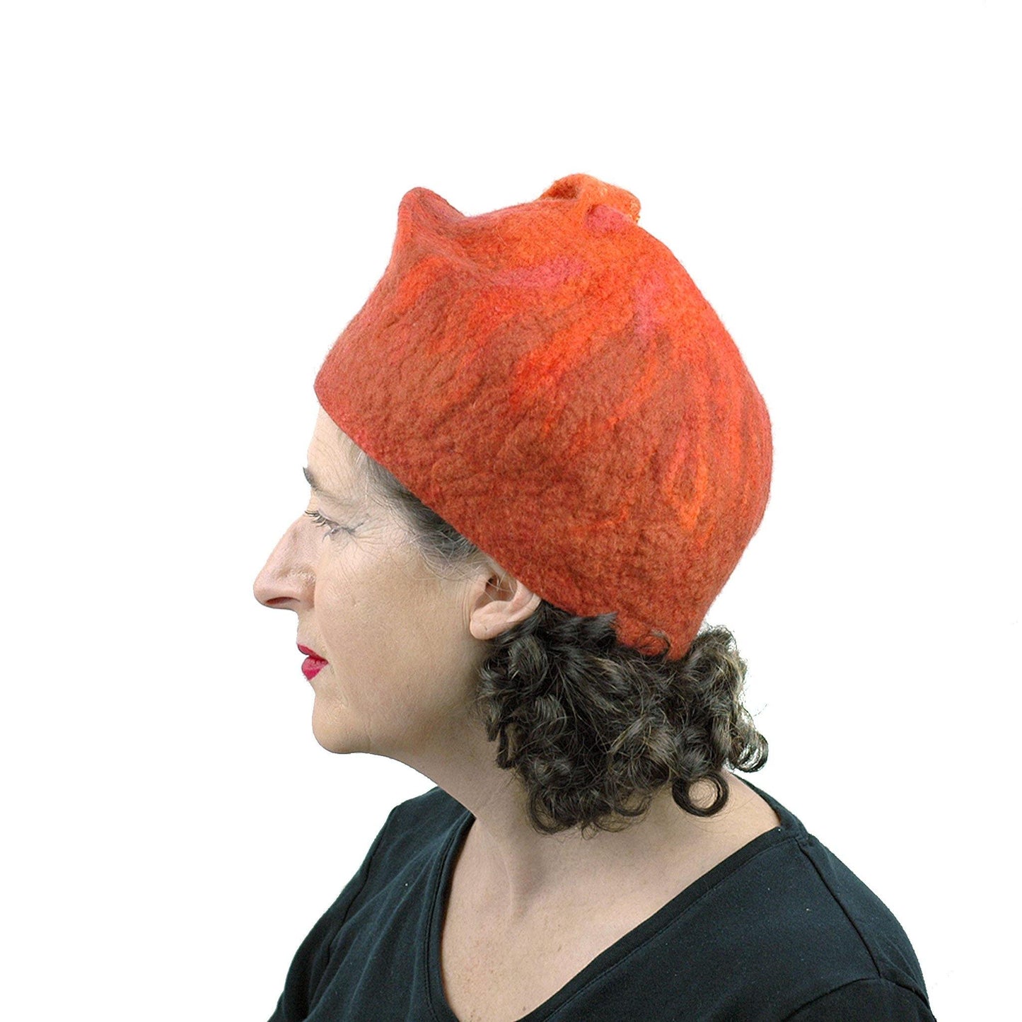 Orange Fishtail Felted Beret - side view