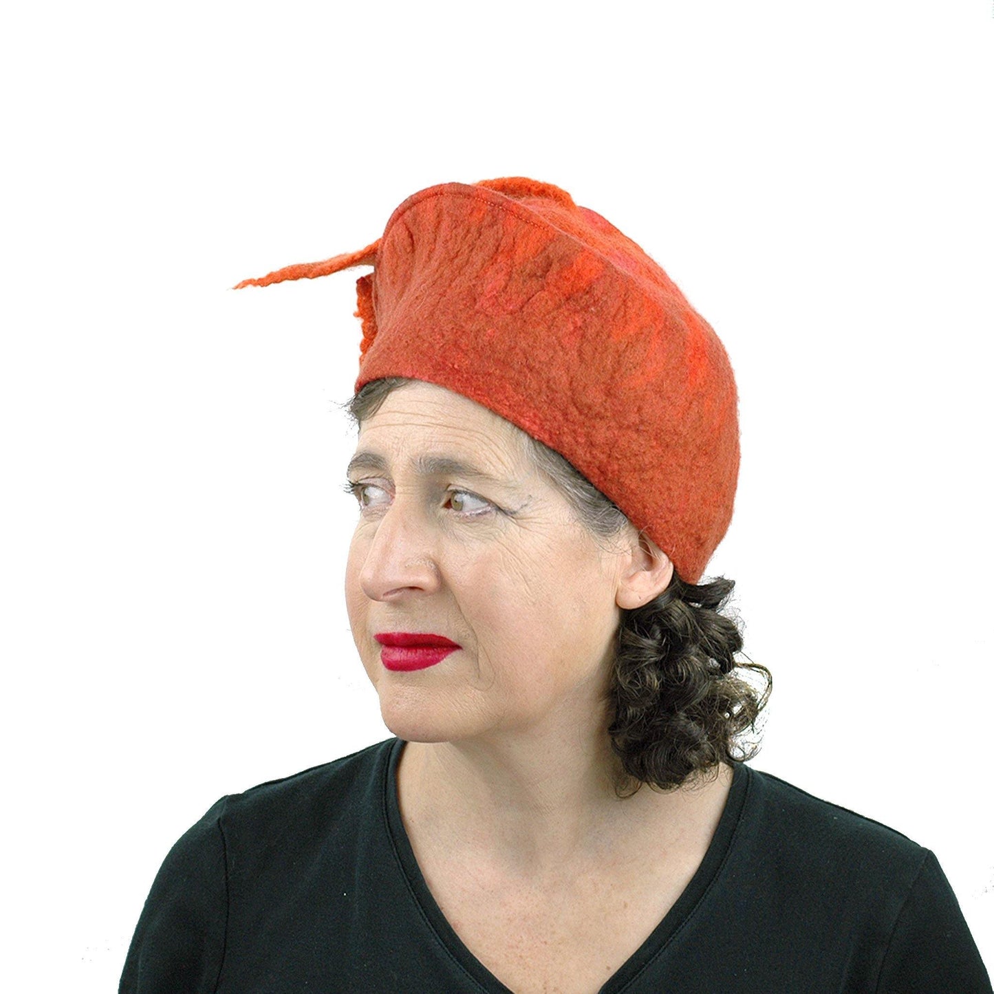Orange Fishtail Felted Beret - threequarters view