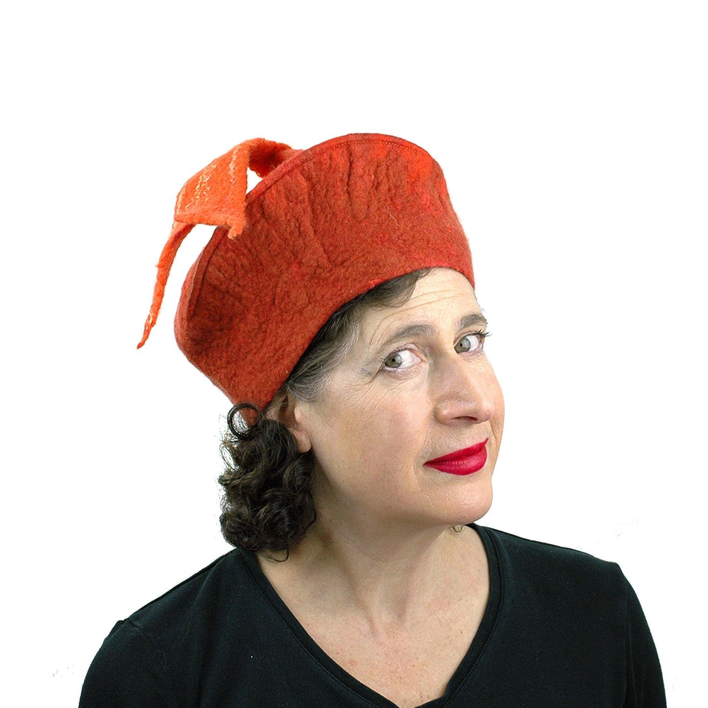 Orange Fishtail Felted Beret - threequarters view