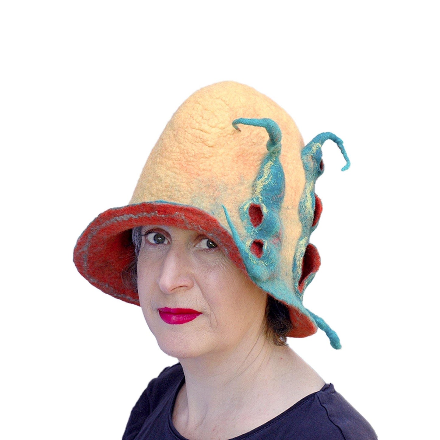 ~ Adopted ~ Oversized Yellow Orange and Green Hat with Rounded Top