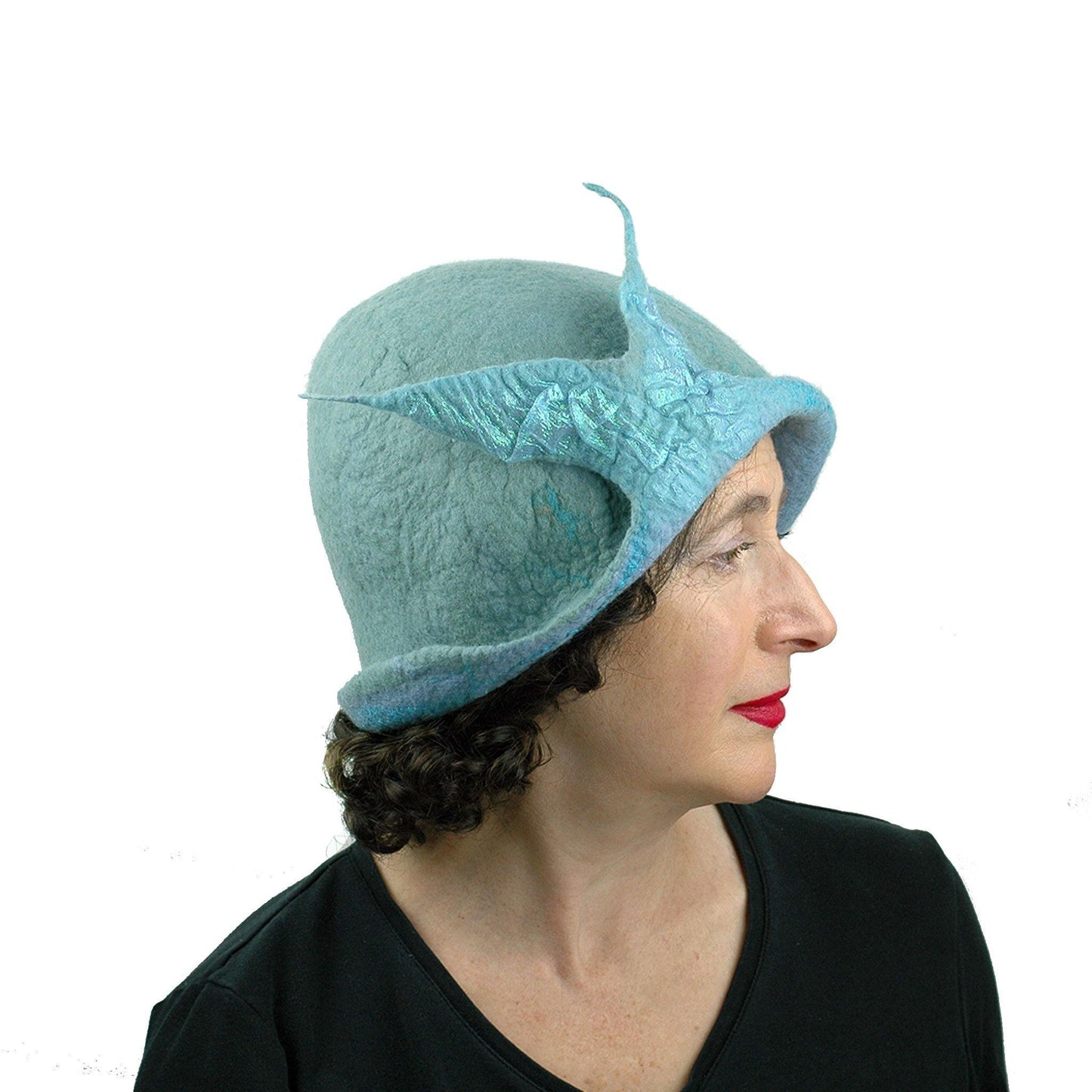 Pale Blue Felted Cloche with Fishtail - side view