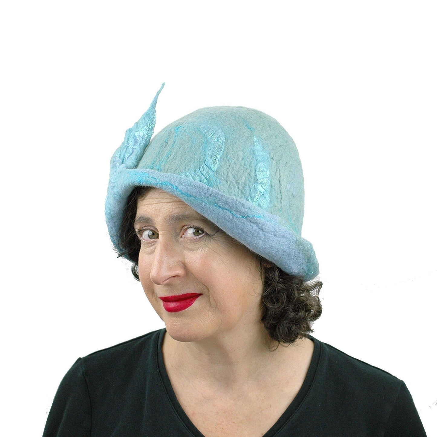 Pale Blue Felted Cloche with Fishtail - threequarters view