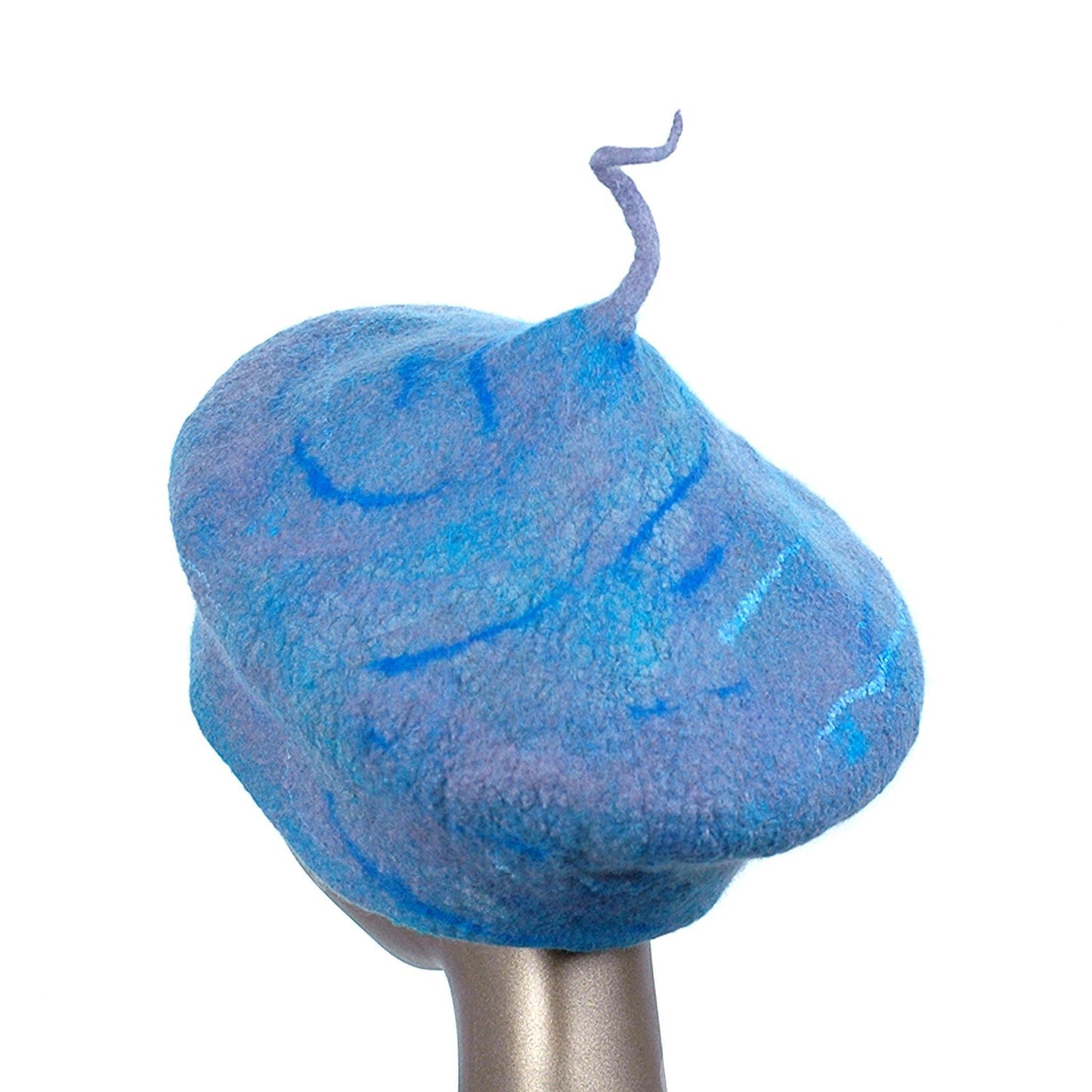 Playful Blue Gray Beret with Curlicue Stem -back view