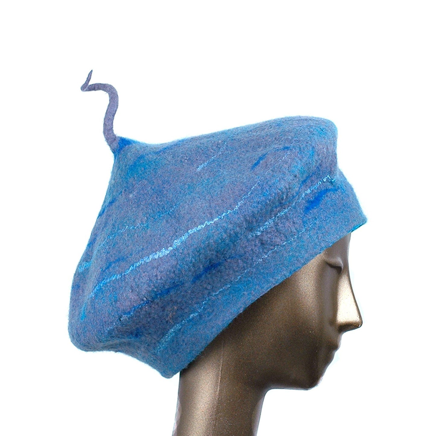 Playful Blue Gray Beret with Curlicue Stem - side view